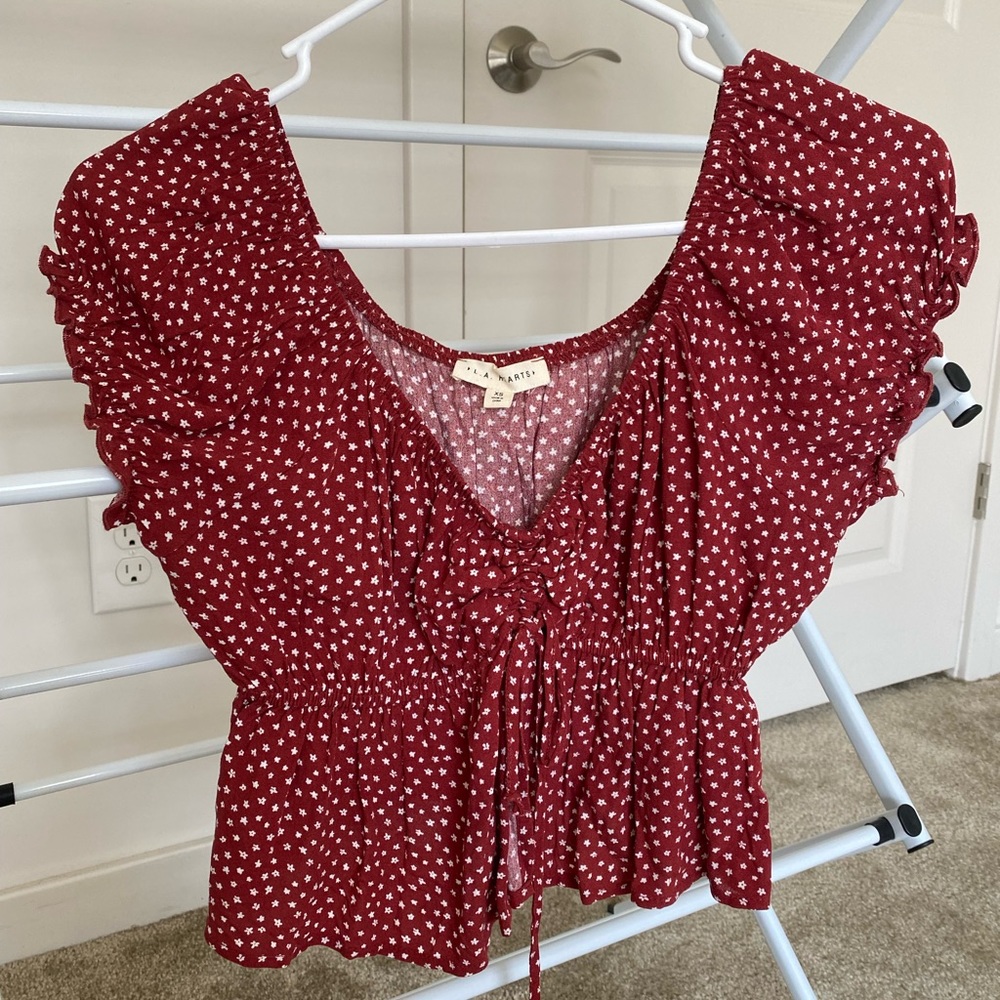 Red and white floral summer top